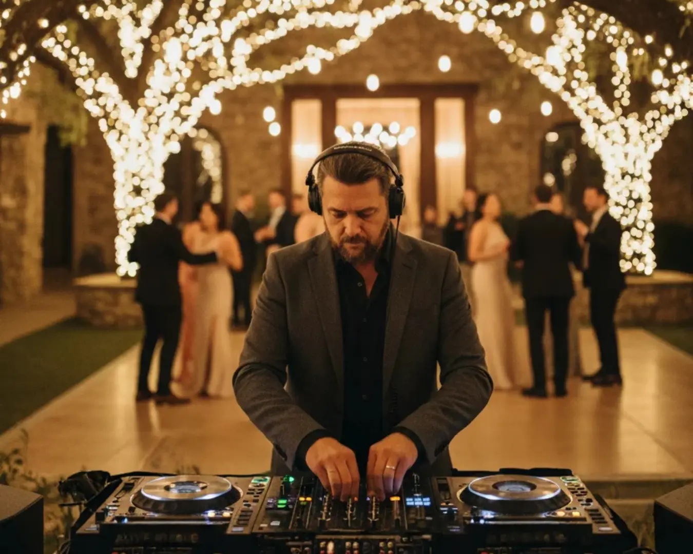 Richard aux platines lors d'un mariage, sous les guirlandes lumineuses